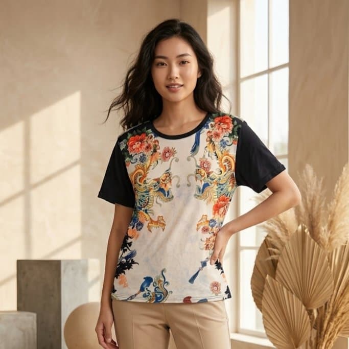 Playera Zara W&B Collection Estampado Oriental – Talla S